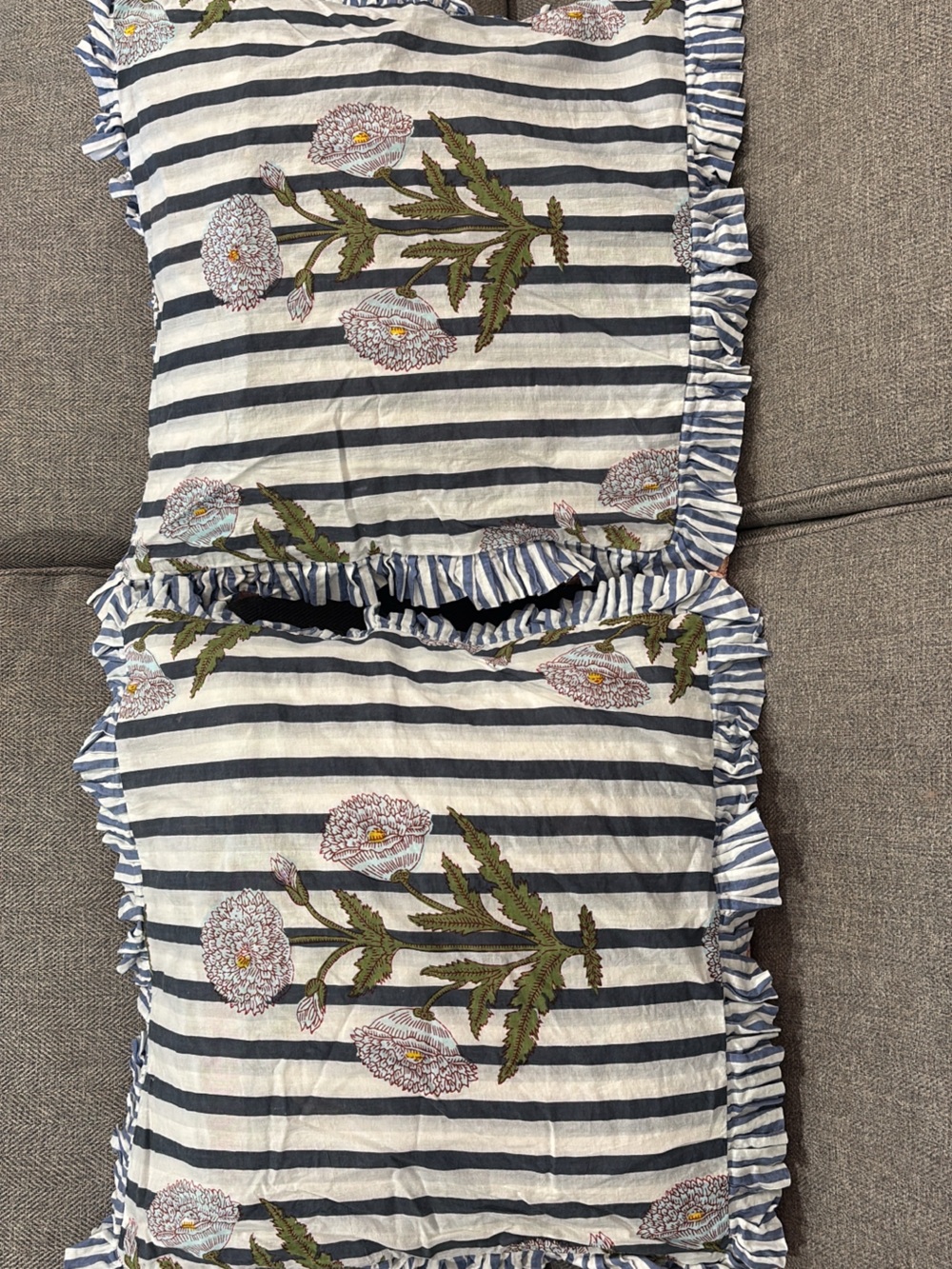 Blue & White Striped Floral Pillow Shams with Ruffle Trim